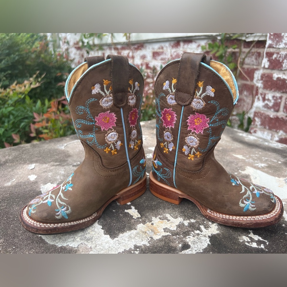 Red Hawk Boot Company Floral Embroidered Square Toe Brown Cowboy Sz13 Little Kid
